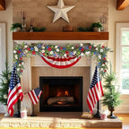 5.9Ft Artificial 4th of July Garland Wreath -Patriotic Garland with Red, White & Blue Daisies, Green Leaves, Berries & Flag Bow for Wall Table Independence Day Memorial Day Indoor/Outdoor