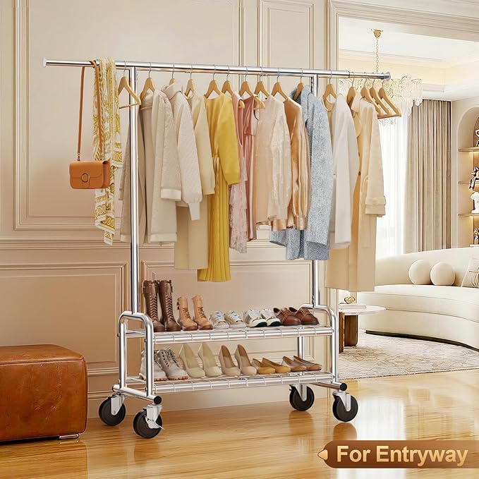 Heavy Duty Clothes Rack - Load 660 LBS, Rolling Clothing Rack for Hanging Clothes with Lockable Wheels & Shelves, Portable Garment Rack for Bedroom, Laundry, Living Room, Silver