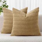 MIULEE Pack of 2 Corduroy Decorative Euro Sham Throw Pillow Covers 22x22 Inch Soft Boho Striped Pillow Covers Modern Farmhouse Home Decor for Sofa Living Room Couch Bed Khaki