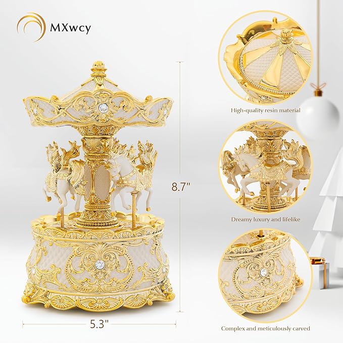 Carousel Music Box Gold & Ivory 8.7" Rotate Christmas Music Box for Kids & Adults, Classic Wind up Cylinder Music Box Valentines Day Gifts for Women Girls Mom Carousel Horse Musical Lantern Home Decor