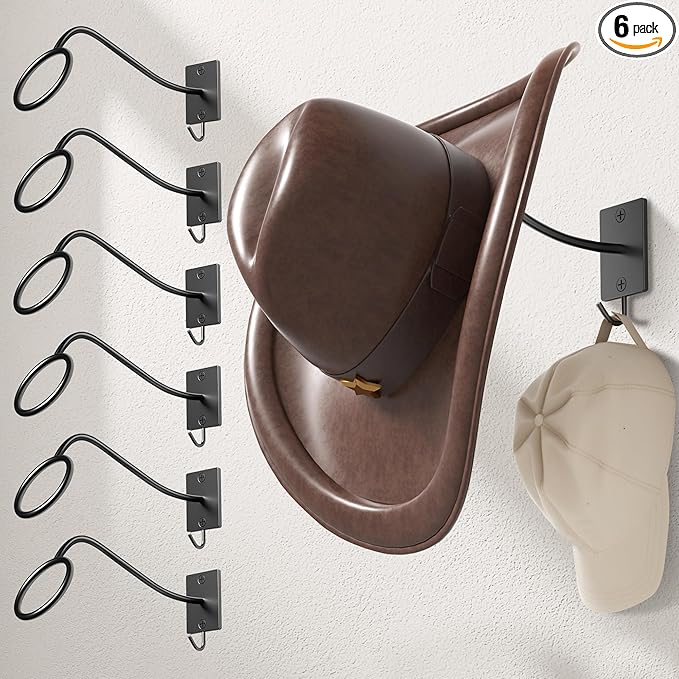 Cinati Cowboy Hat Rack for Wall 6 Pack, Cowboy Hat Holder Wall Mount, Western Rustic Metal Hats Hanger Hooks Organizer for Fedora,Sun Hats,Wide Brim, Extra Hooks for Baseball Caps,Western Room Decor
