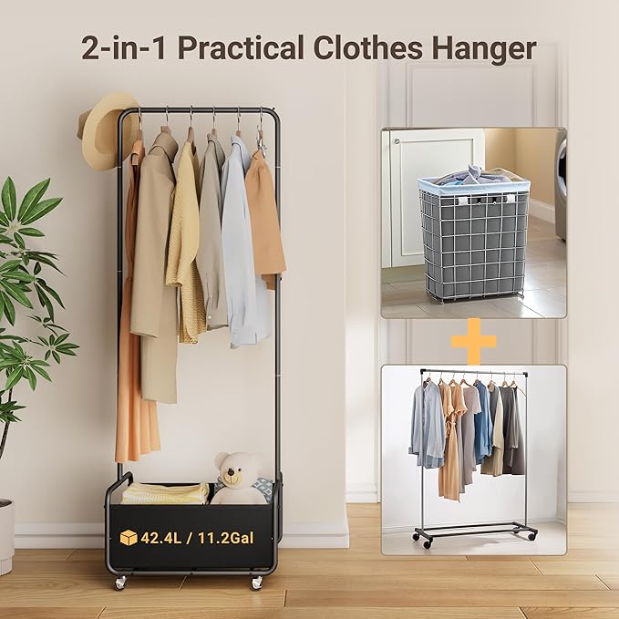 Dunatou Small Clothes Rack with Wheels & Bottom Basket – Heavy Duty Rolling Garment Rack for Small Spaces, Rolling Clothing Rack for Small Spaces, Bedroom, Laundry Room & Closet, 15.7" W, Black