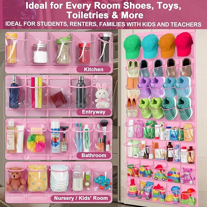Over the Door Shoe Organizer with 40 Clear PVC Pockets – Waterproof Hanging Shoe Holder for Closet & Bathroom – Space-Saving Door Shoe Rack for Shoes, Toys, Toiletries & Snacks(Pink)