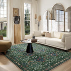 Washable Dark Green 6x9 Oriental Style Area Rug for Dining Room Under Table & Living Room, Low Pile Non-Slip Stain Resistant Carpet for Bedroom