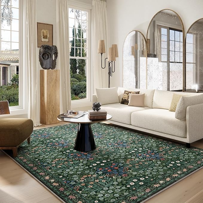 Washable Dark Green 6x9 Oriental Style Area Rug for Dining Room Under Table & Living Room, Low Pile Non-Slip Stain Resistant Carpet for Bedroom