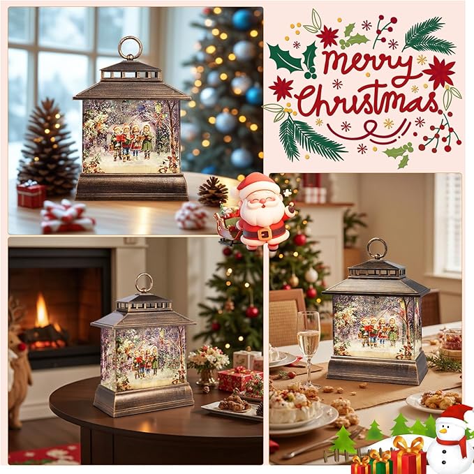 Christmas Snow Globe Lantern Water Glittering Lantern with 8 Songs & 6H Timer Romote Control Christmas Snow Globes USB & Battery Operated for Christmas Festival Decorations Gifts (Christmas Carol)