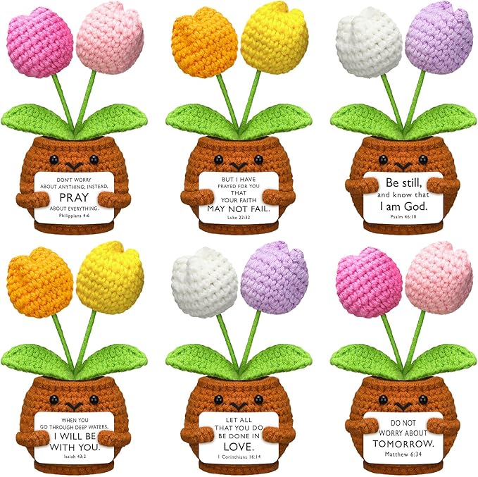 Wavwavw 6 Pcs Christian Gift for Women Inspirational Religious Gifts Positive Faith Scripture Crochet Handmade Bible Verse Crochet Doll with Prayer Card for Vbs Church(Tulip)
