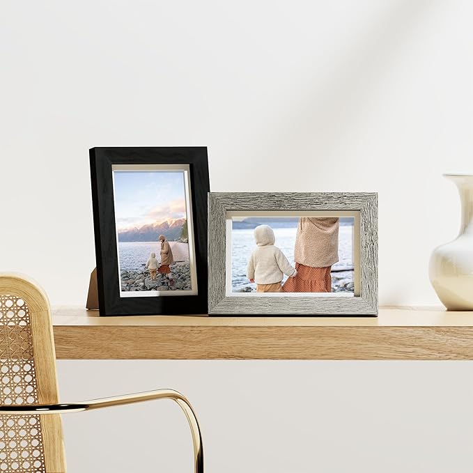 Vittanly 4x6 Picture Frames Set of 9, Display 3.5x5 Pictures with Mat or 4x6 without Mat, Photo Frames for Wall or Tabletop with Plexiglass, Engineered Wood, Black&Brown&Grey