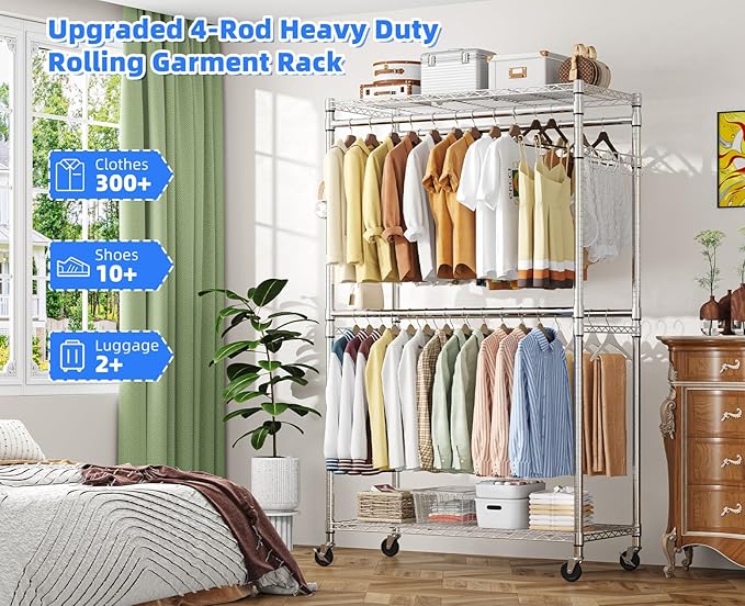 Simple Trending Heavy Duty Clothes Rack Clothing Rack with Wheels and 4 Hanging Rods, Adjustable Rolling Garment Racks, Load 560 LBS, Chrome