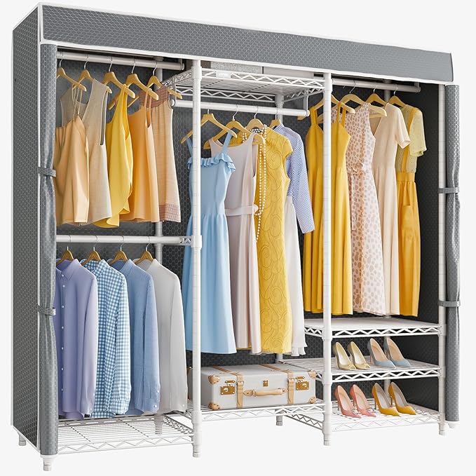 VIPEK V5C Medium Covered Clothes Rack Heavy Duty Portable Closet Wardrobe, Freestanding White Clothing Rack with Grey Upgarded Polyester Cover, Adjustable Custom Closet Rack, 56.7" Lx15.7 Wx76.4 H