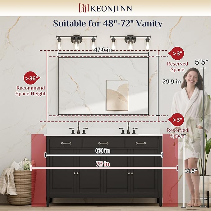 Keonjinn 48 x 30 in Brushed Nickel Bathroom Vanity Mirror, Rectangular Silver Metal Framed Wall-Mounted Mirror Square Corner Modern Farmhouse Rectangle Mirror for Over Sink(Horizontal/Vertical)