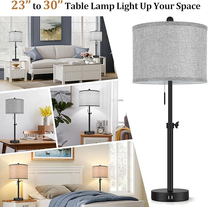Kondras Table Lamps for Bedroom Set of 2, 23''-30'' Adjustable Height Bedside Lamps with 2 USB Ports, Black Nightstand Lamps with Grey Linen Shade, Modern Stylish Living Room Lamp Set with Pull Chain