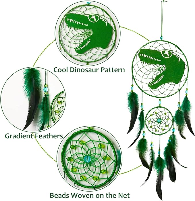 Basumee Dream Catcher for Kids Feather Dream Catchers Handmade Home Decor Wall Hanging with Double Ring for Nursery Bedroom Boys Room, Green Dinosaur