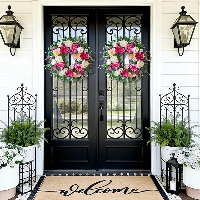 24 Inch Spring Wreaths for Front Door Outside,Artificial Silk Peony Rose Magnolia Spring Summer Wreath with Lavender Greenery | Luxury Summer Wreaths for Front Door-Indoor Outdoor Wreath Decor