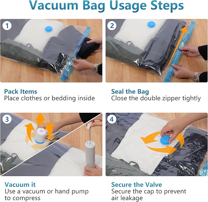 6 Pack Vacuum Storage Bags，Space Saver Bags(6 Jumbo) Compression for Comforters and Blankets, Sealer Clothes Storage, Hand Pump Included