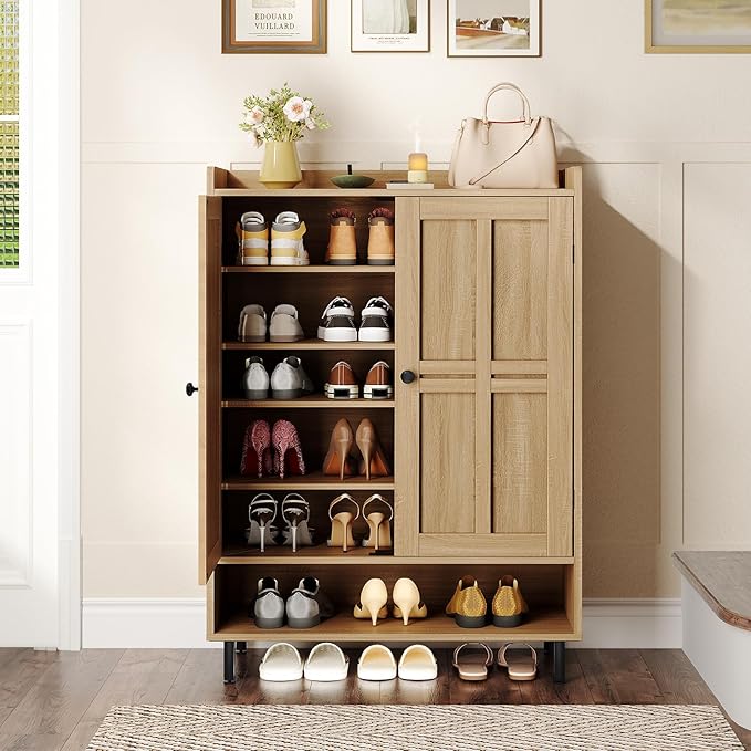 ONBRILL Shoe Cabinet with Cross Molding Doors, 6-Tier Shoe Storage Cabinet with 3 Adjustable Shelves and Metal Legs, 45'' Tall Shoes Rack Organizer Cabinet for Entryway, Front Door, Natural Oak