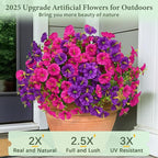 MARTINE MALL 24 Bundles Look Real Artificial Flowers for Outdoors, Realistic Fake Outdoor Flowers, UV Resistant Silk Petunia Flowers for Outside Faux Flowers Plants for Outdoor Porch, Purple+Fuchsia