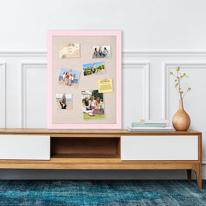DOLLAR BOSS Bulletin Board with Linen 36'' x 24'' Pink Framed Cork Boards for Walls, Photo Display Pin Board, Decorative Corkboard for Office Home School Girls Dorm Decor with 10 Pushpins, White