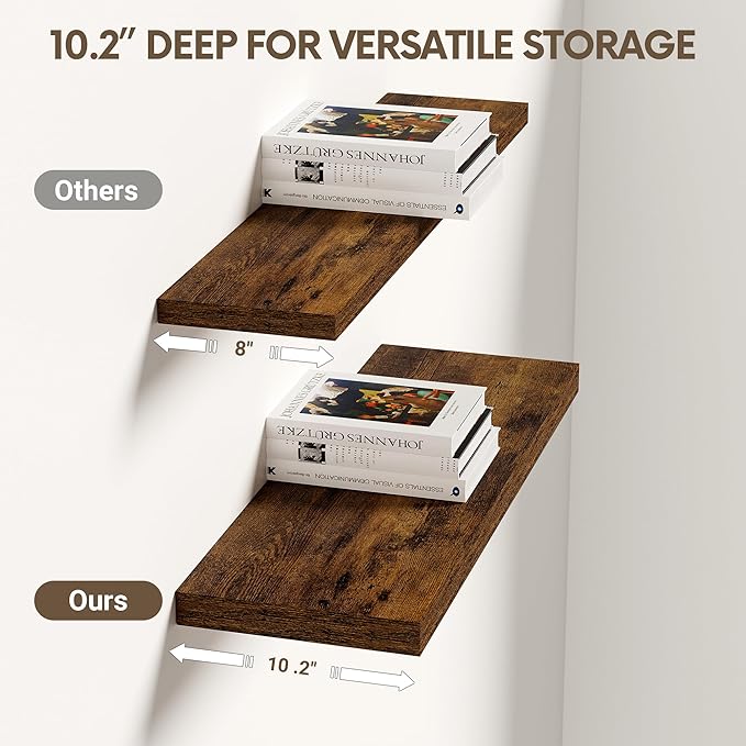 Vivelove 10 Inch Deep Floating Shelves 24 inch Long, 24 x 10 Wide Wall Shelves with Invisible Brackets, for Bedroom Bathroom Living Room Kitchen Office, Farmhouse Home Decor, Set of 2, Rustic Brown