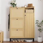 GarveeHome Shoe Cabinet Rattan with 3 Flip Drawers and 4-Tier Shoe Storage Cabinet, Freestanding Shoe Organizer with Adjustable Shelves for Entryway, Closet, Hallway (Light Oak)