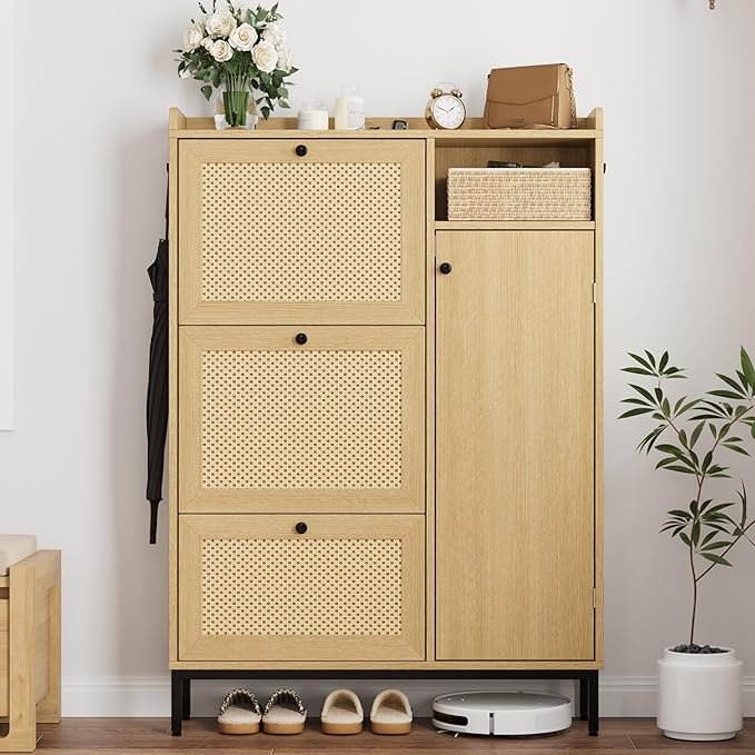 GarveeHome Shoe Cabinet Rattan with 3 Flip Drawers and 4-Tier Shoe Storage Cabinet, Freestanding Shoe Organizer with Adjustable Shelves for Entryway, Closet, Hallway (Light Oak)