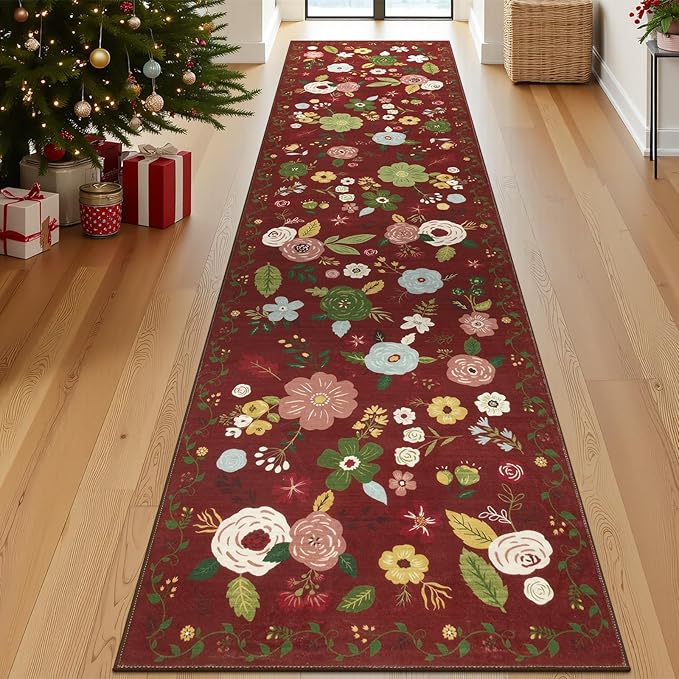 U'Artlines Red Christmas Runner Rug for Hallways,2'6" x 10'Colorful Floral Carpet Soft Non Slip Washable Floor Carpet Runners for Entryway Laundry Room Bathroom