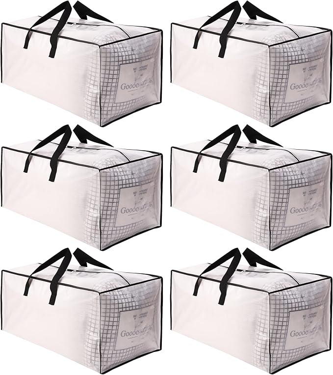 SWEET DOLPHIN 6 Pack Extra Large Moving Bags with Strong Zippers & Carrying Handles, Heavy Duty Storage Tote for Space Saving Moving Storage, Fold Flat, Alternative to Moving Box, Semi-Transparent