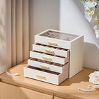 pickpiff Jewelry Box Organizer Case for Women: 5-Layer Jewelry Storage Case with Glass Window, Ivory Leather with Pink Velvet, Holder for Ring Necklace Bracelet Brooch Watch, Great Gift for Her