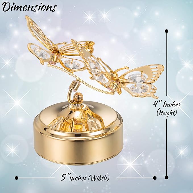 Matashi Crystal Studded 24K Gold Plated Double Butterfly Music Box Figurine – Plays "Memory" – Elegant Tabletop Showpiece for Living Room Decor – Keepsake Gift for Women, Mom, Wife, Birthday