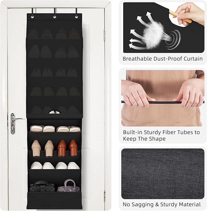 STORAGE MANIAC Over the Door Shoe Organizer with Curtain Dustproof Heavy-Duty Large Deep Pocket Hanging Shoe Organizer for Closet Dorm & Narrow Door Storage Shoe Holder Shoe Rack, 9-Shelf Black 1 Pack