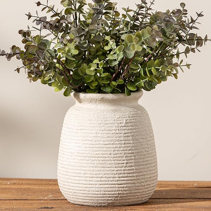 Ceramic Flower Vase, 6“ Small Rustic Farmhouse Vases Home Decor, Short Pottery Decorative Pampas Vase for Table Living Room Entryway Mantel Bookshelf Bedroom Bathroom Kitchen-White