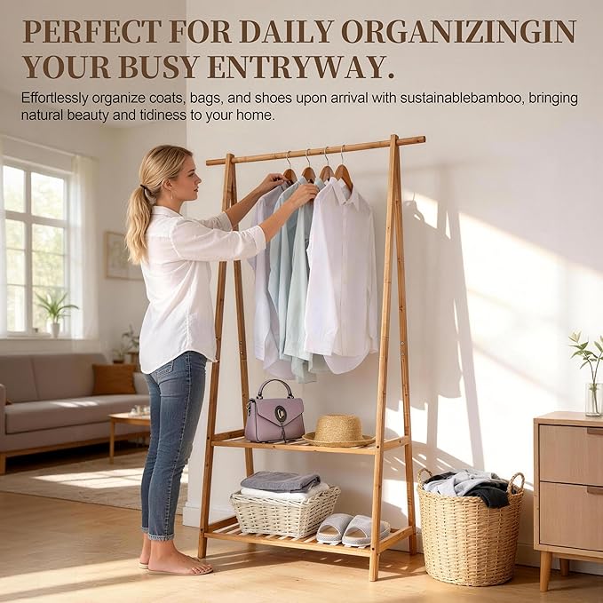 Finnhomy Bamboo Clothes Rack Portable Extra Large Garment Rack 2-Tire Storage Box Shelves For Entryway and Bed Room Patented Design