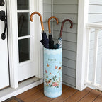 Vintage Metal Round Umbrella Holder Decorative Flower Design Umbrella Stands Entryway Organizer Bucket for Home/Office/Farmhouse - Holds Multiple Umbrellas, Walking Sticks & Canes Flower Blue