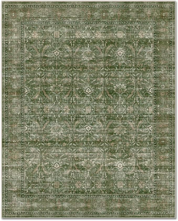 Washable 2x3 Entryway Rug, Boho Non-Slip Door Mat Vintage Distress Small Rugs for Kitchen Nursery Office Bedroom, 0.3" Neutral Oriental Throw Carpet with Cushioning Pad, Grass Green/Multi