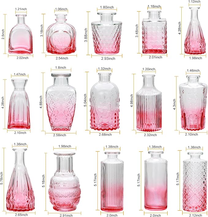 Brajttt Glass Bud Vase Set of 18,Small Glass Vintage Vases for Flowers,Pink Bud Vases in Bulk for Rustic Wedding Decor,Table Centerpieces,Decor Centerpiece for Bathroom