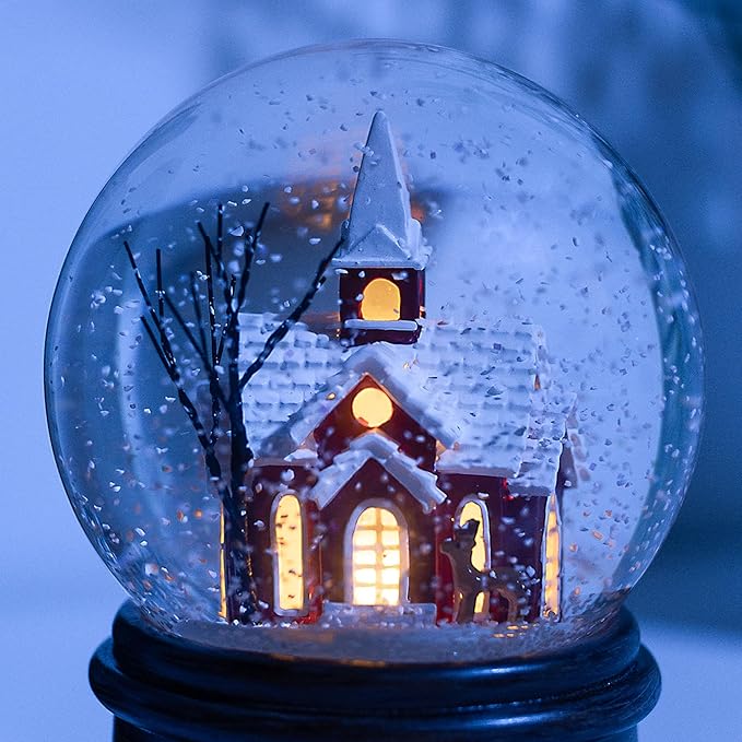 Ashfield & Harkness Sanctuary Church Decorative Snow Globe with Wind Up Music Box and LED Battery Operated Light