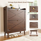 Shoe Storage Cabinet with 2 Flip Drawers, Entryway Shoe Cabinet with 2 Metal Hooks & Adjustable Shelves Freestanding Shoe Organizer Narrow Shoe Rack for Entrance Hallway Foyer Front Door,Rustic Brown