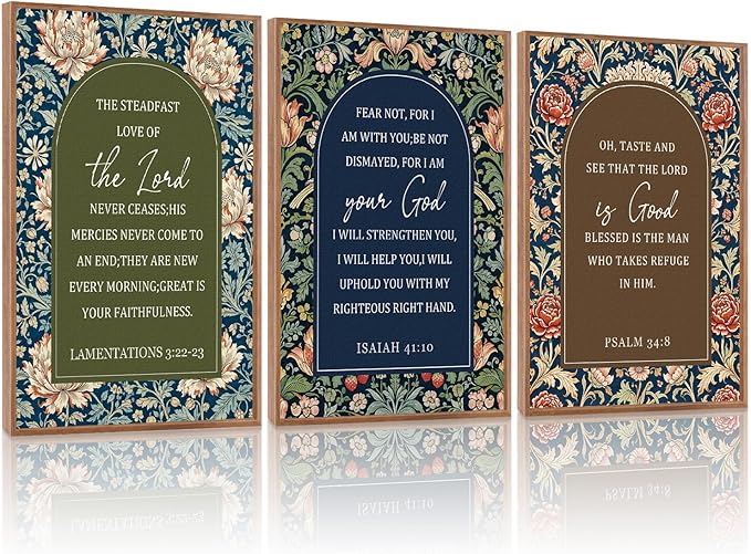 KAlRNE Vintage Christian Floral Framed Canvas Wall Art Set of 3(16”X24”),Boho William Morris Wall Decor,Religious Bible Verse Painting,Inspirational Scripture Art Prints For Living Room Bedroom Church