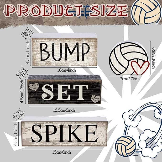 Yuntau 4 Pcs Volleyball Centerpieces for Table Volleyballs Tiered Tray Decorations Wooden Bump Set Spike Farmhouse Decorative Faux Book Stack Block Sign for Room Shelf Coffee Table Fireplace Mantel