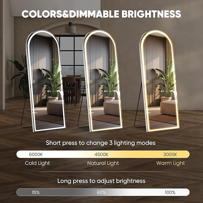 DUMOS Arched LED Full Length Floor Mirror, 26"x70" Full Body Standing Mirror with Lights, 3 Color Lighting, Hanging or Leaning, Wall Mounted, Modern Simple Home Wall Decor, White