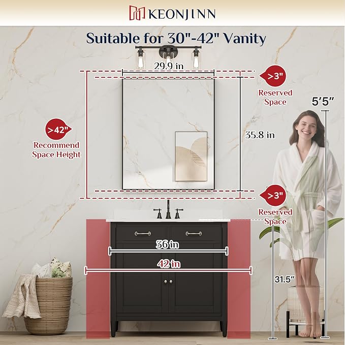 Keonjinn Black Bathroom Mirror 30 x 36 Inch, Metal Frame Black Mirrors for Bathroom Sink, Rectangular Square Corner, Modern Farmhouse, Rectangle Vanity Mirror for Wall(Horizontal/Vertical)
