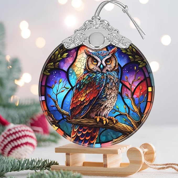 Stained Glass Suncatcher Ornament - Owl Christmas Decorations - Christmas Ornaments for Tree - Holiday Present Ideas - Gift Exchange