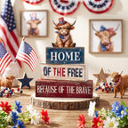 Moucuny 4 Pcs 4th of July Decorations Patriotic Highland Cow Wooden Block Sign Set America Table Decor Patriotic Tiered Tray Decor Red White Blue Memorial Day Centerpieces for 250th Anniversary Home