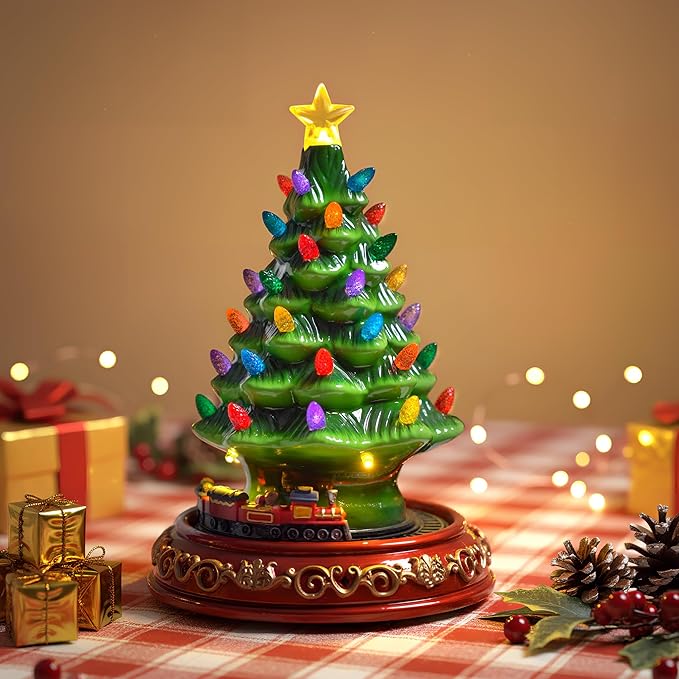 VISFLAIR Ceramic Christmas Tree with Rotating Train- Musical Christmas Tree Decorations with 38 Multicolored Lights for Home Tabletop Decor, Xmas Gift