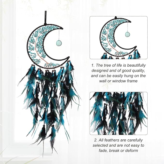 PATIKIL Crystal Life of Tree Dream Catcher, 28 Inch Feather Handmade Moon Dream Catcher with Gemstone Agate Stone Wall Hangings Decor for Home Wedding Bedroom Living Room, Blue Green Black