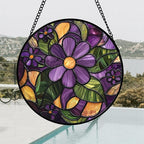 Stained Glass Window Hanging, Purple Green Flowers Sun Catcher for Door Home Decor Plants Suncatcher Christmas Mother's Day Birthday Gifts for Women Men Mom and Nana 15 in