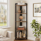 FATORRI Tall Corner Shelf, Industrial Corner Bookshelf, Wood and Metal Corner Shelf Stand for Living Room, Rustic Display Plant Stand for Home Office (Medium Walnut)