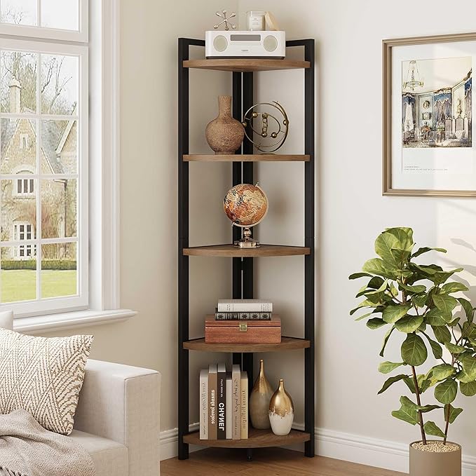 FATORRI Tall Corner Shelf, Industrial Corner Bookshelf, Wood and Metal Corner Shelf Stand for Living Room, Rustic Display Plant Stand for Home Office (Medium Walnut)