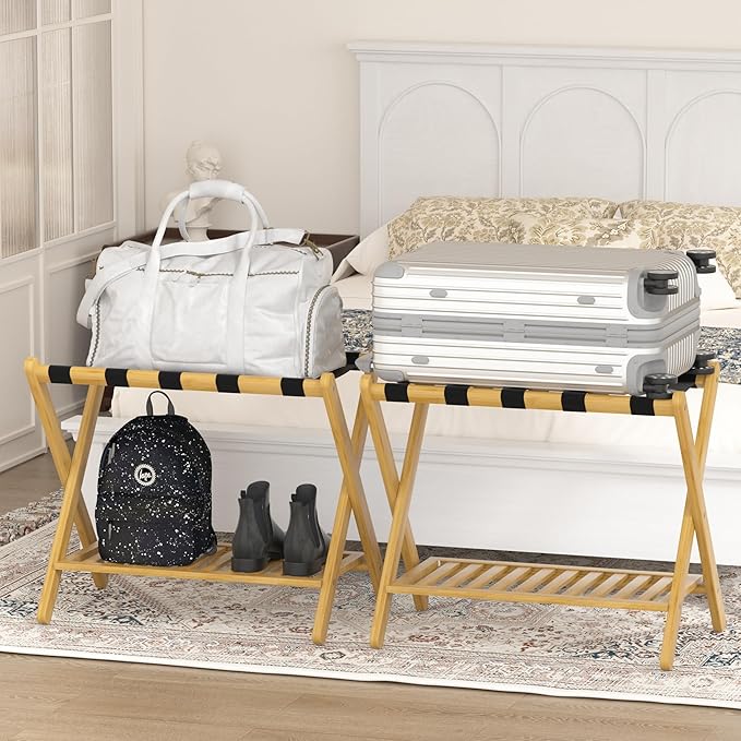 Luggage Racks Suitcase Stand Foldable With Storage Shelf For Guest Room Hotel Essentials Solid Bamboo Heavy-Duty Item Holder Natural