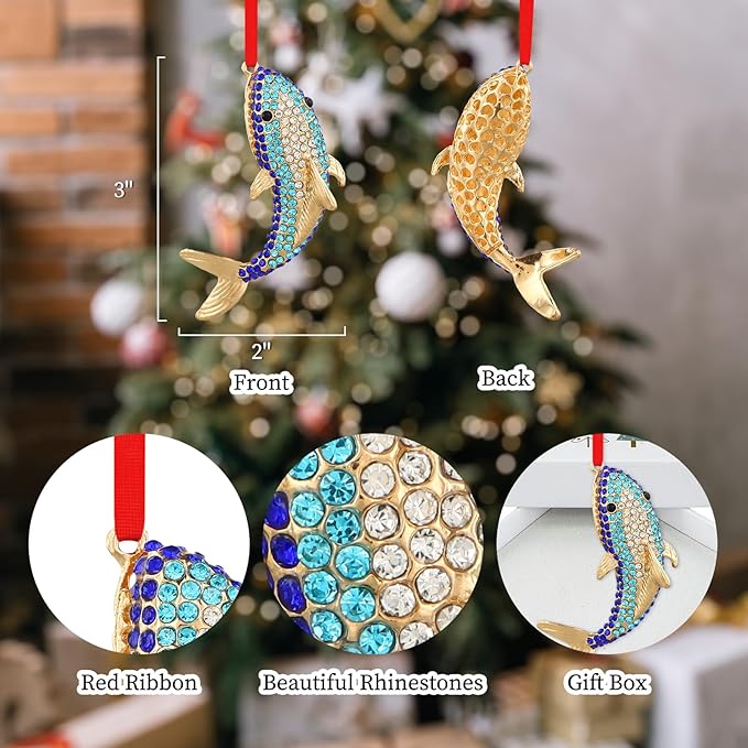 SICOHOME Whale Ornaments for Christmas Tree - Coastal Sea Ocean Hawaii Beach Themed Christmas Hanging Ornament with Rhinestones for Christmas Tree Gifts for Ocean Lover and Nautical Enthusiast